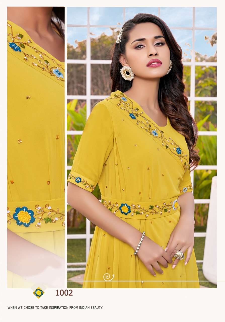 S3forever- Retro Vol 1-Fabric-Gorgette-Handwork-Long-Gown-Kurti-With Inner-1002-C